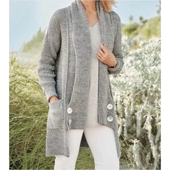 Soft Surroundings Townsend Cardigan Gray Sweater Chunky Knit Cotton Women's M - Picture 1 of 7